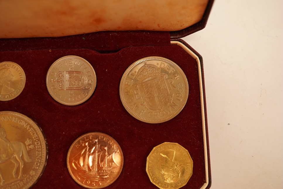 British coins, Elizabeth II, 1953 coronation proof coin set, UNC retaining much lustre, the fitted case with staining to the interior